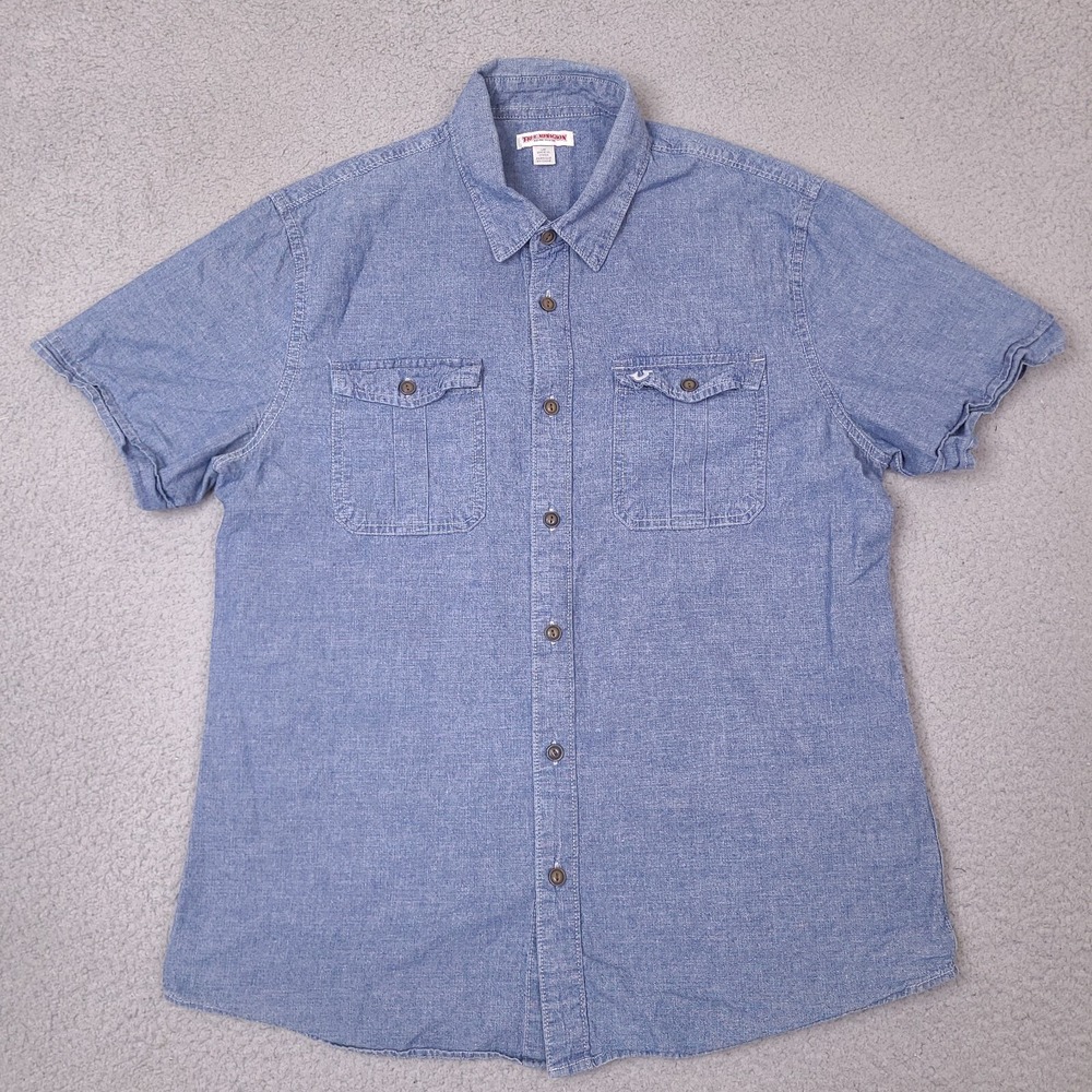 True Religion Shirt Mens Large Blue Denim Chambray Short Sleeve Button Utility